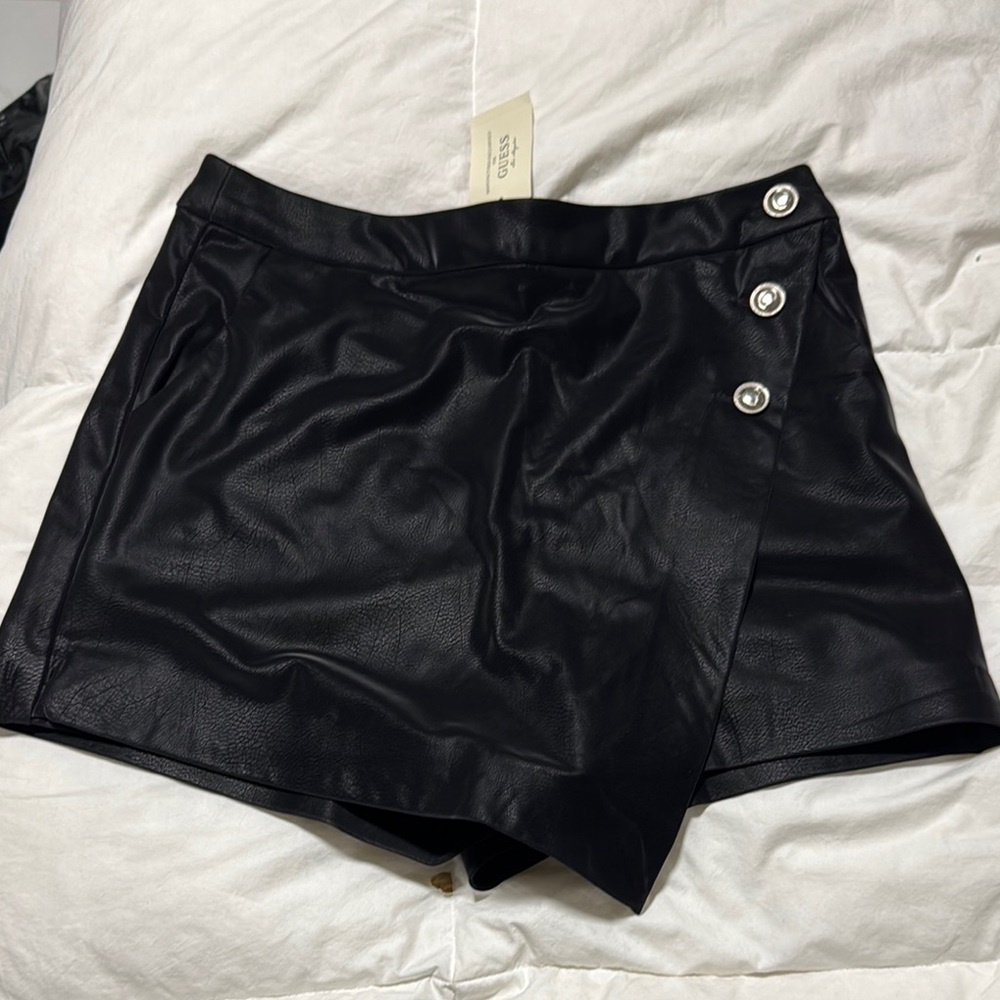 Chic Black Faux Leather Skort with Button Detail